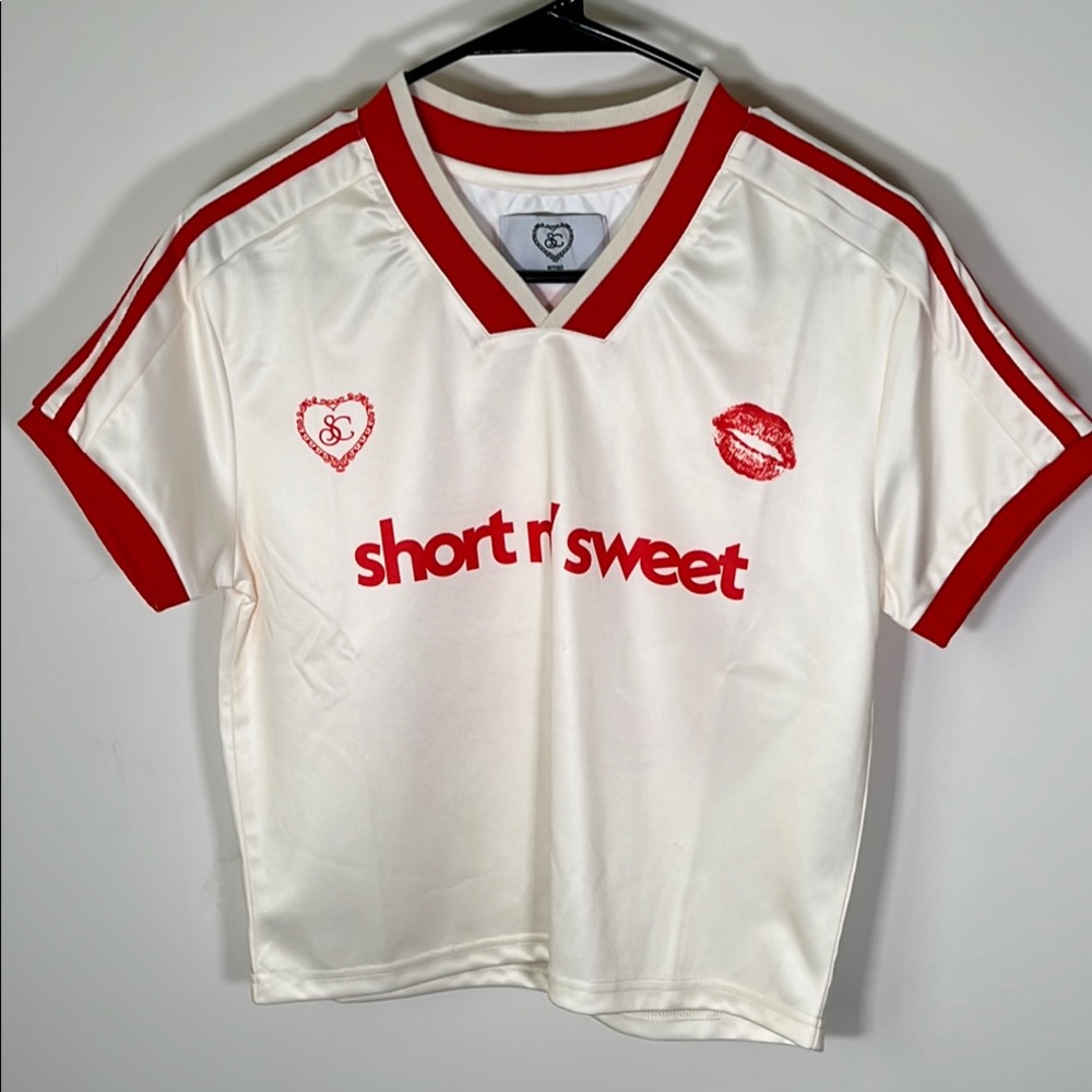 Sabrina Catpenter Short n’ sweet tour Women's White and Red Jersey Top NWOT